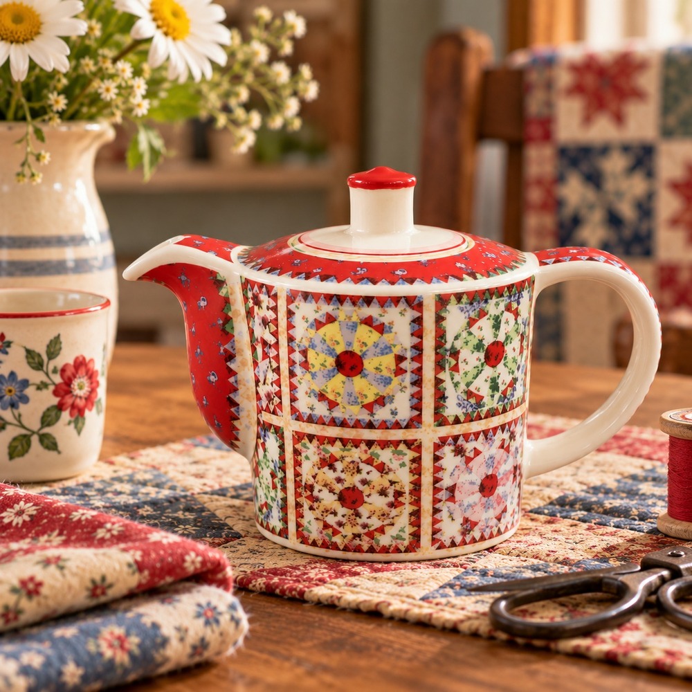 Paul Cardew Quilting 2008 Mini Teapot 16 OZ Geometric Quilt Design Patchwork Red